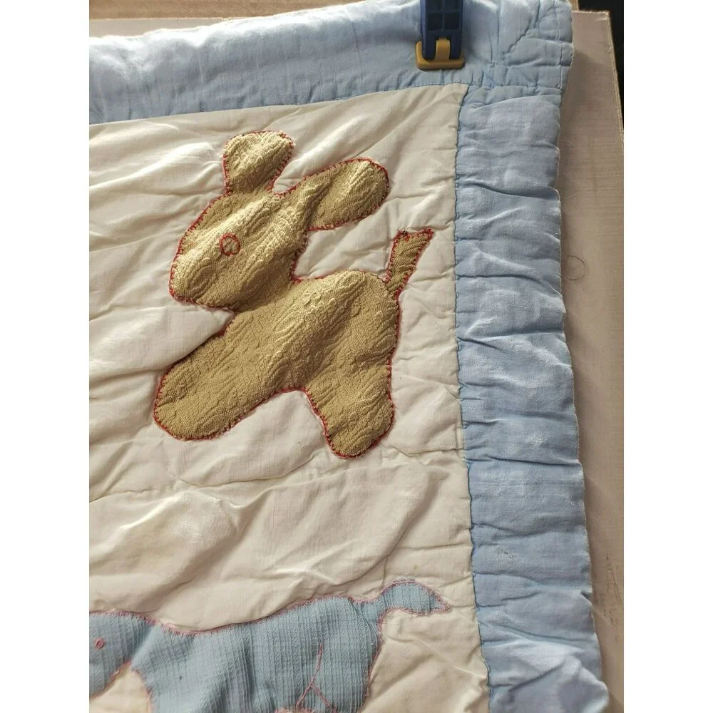 Handmade Baby Quilt, Animal Applique, Blue & White 33